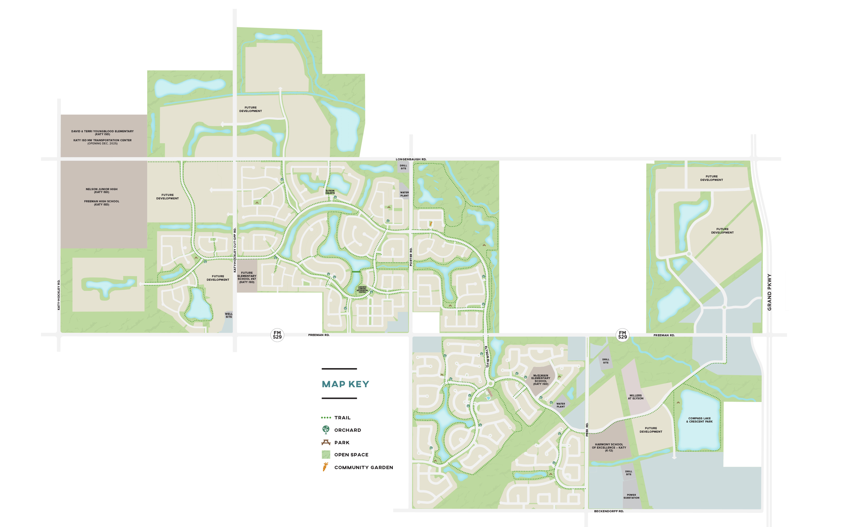 parks and trails map of Elyson community in Katy, Texas